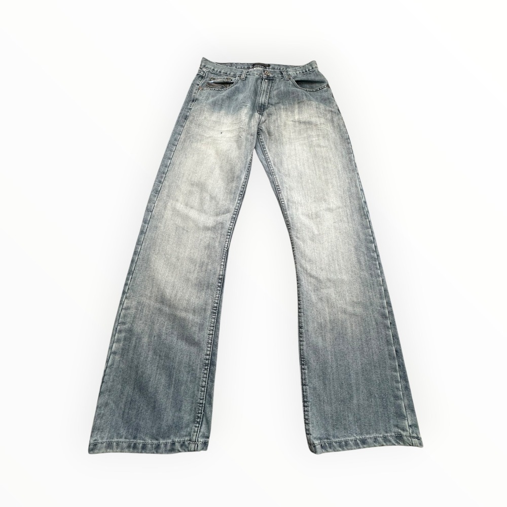 Premium Jeans Mens 34 Blue Faded Straight Leg Embroidered Back Pockets Y2K Cyber